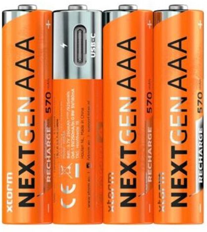 Xtorm NextGen Genopladelige AAA-Batterier - 4 stk / USB-C Kabel - Orange