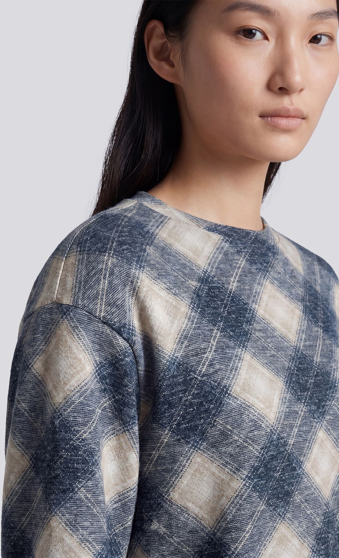 Langarmshirt RABE, Damen, Gr. 36, blau (biskuit), Jersey, Obermaterial: 69% Viskose, 28% Polyester, 3% Elasthan, kariert, gerade Po-bedeckend, Rundhals, abgesteppte Kante, Shirts Langarmshirt, im Karo-Look und mit Viskose/Stretch biskuit 36