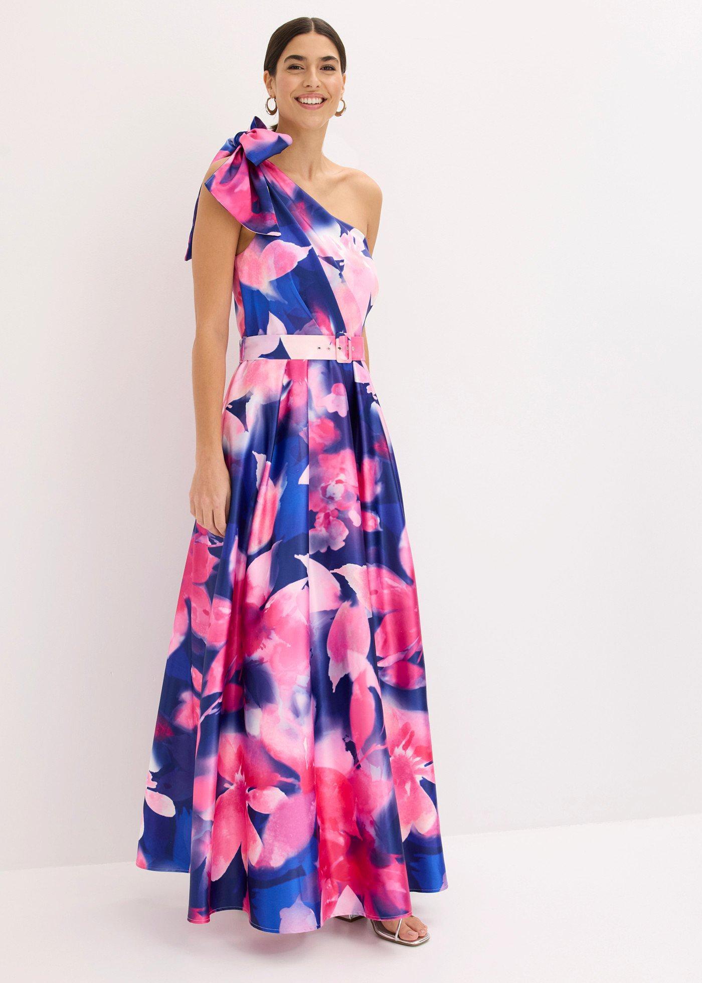 bonprix One-Shoulder-Kleid aus glänzendem Satin, blau, Gr.48, Modern und femin: One-Shoulder-Kleid in Maxi-Länge aus glänzendem Satin mit Gürtel und Allover-Print, womit es jedes Teil zu einem Unikat macht.