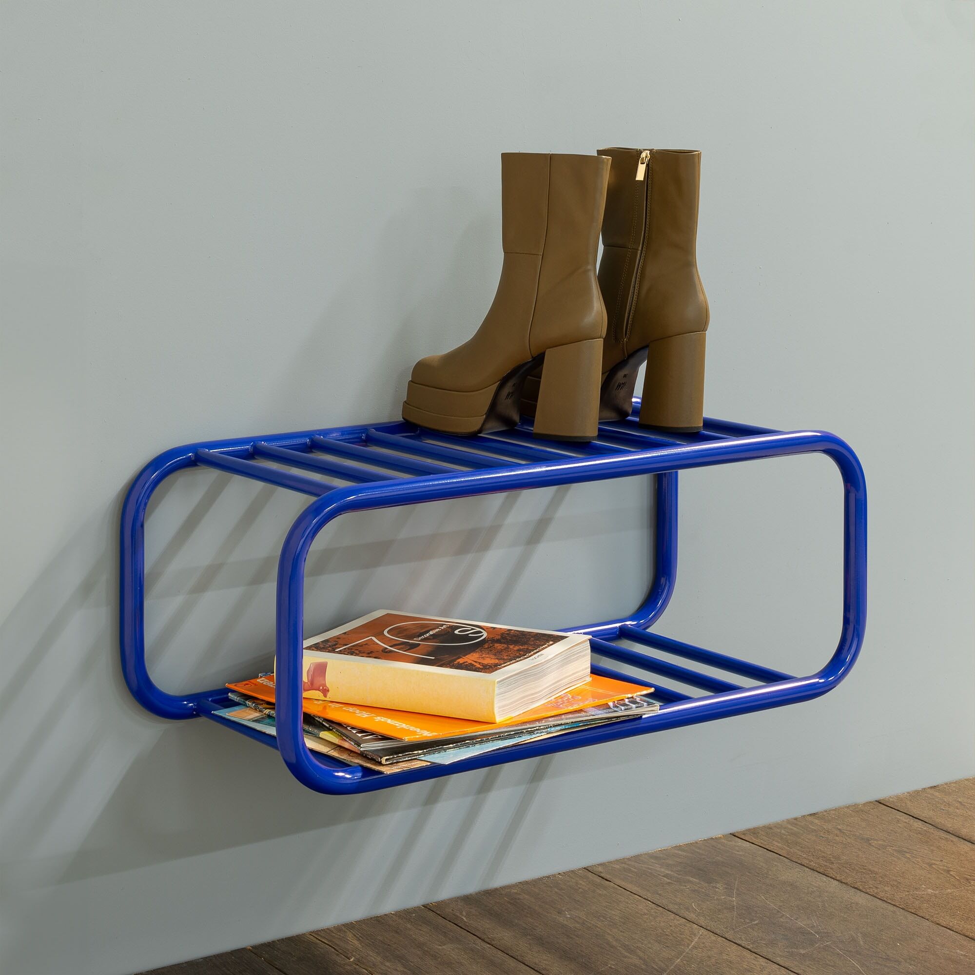 Schuhregal SPINDER DESIGN "RETRO Schuhregal", blau (ultramarine), B:72cm H:28cm T:35,2cm, Stahl, Regale, Schuhregal