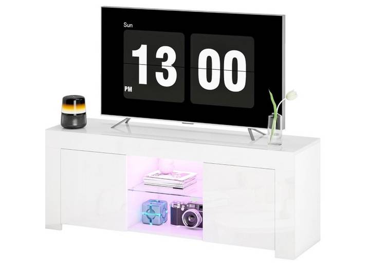 Redom Tv-Lowboard 34/120/45 cm mit RGB-LED-Beleuchtung, viel Stauraum und Kabeldurchführungen, Weiß, Glas, 120x45x34 cm, Wohnzimmer, TV Möbel, Lowboards, Lowboards stehend