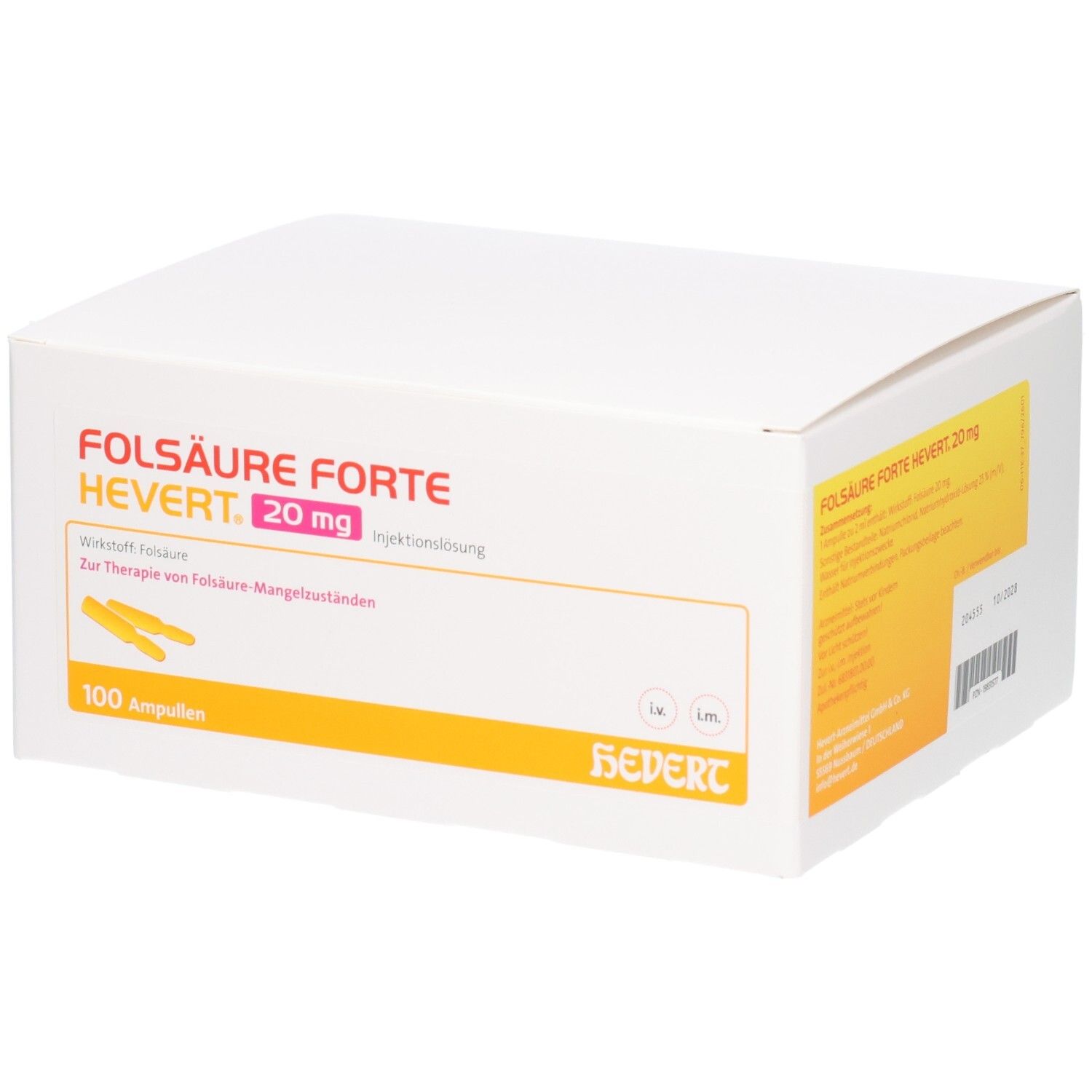 Folsäure Forte Hevert 20 mg Inj.-Lösung Amp. 100x2 ml Injektionslösung