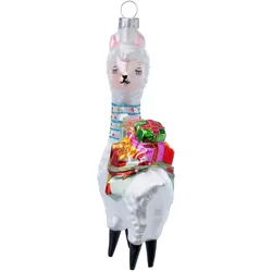Holly & Jolly 1 Christbaumschmuck Glas 15cm Lama mit Geschenken Figur Weihnachtsbaum Anhänger Christbaumanhänger Weihnachtsbaumschmuck Weihnachtsdeko Glasfigur Weiß