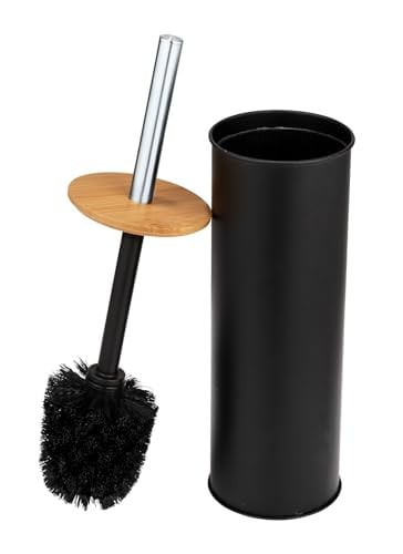 Wenko WC-garnituur Tortona zwart, gesloten toiletborstel van staal en bamboe, B: 9,5 cm, H: 38,5 cm
