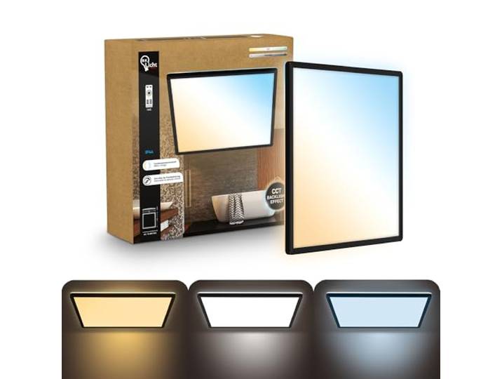 B.K.Licht - LED Deckenlampe, Flach, Dimmbar, Indirektes Licht, CCT warmweiß bis tageslichtweiß, IP44, Panel, Deckenleuchte, Kinderzimmer, Wohnzimmerlampe, Badezimmer Lampe, 42x42x3cm, Schwarz