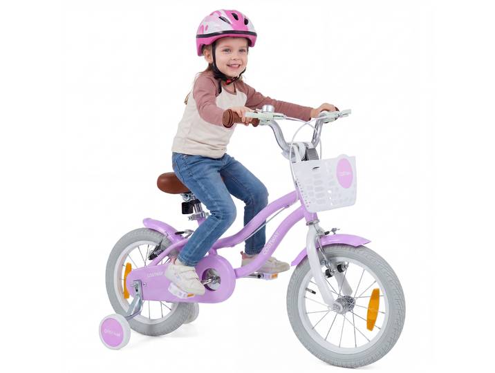 14 inch Kinderfiets met Zijwielen & Mand Meisjesfiets met Bel & Dubbele Remmen Kinderfiets Paars