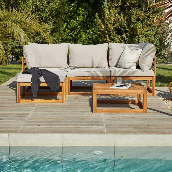 17 Stories Rimasha 3 Seater Wooden Garden Sofa Set with Footstool & Coffee Table Beige 3