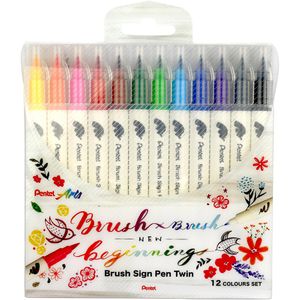 Pentel Brush-Pen SESW30C-12, Brush Sign Pen Twin, farbig sortiert, 2 Pinselspitzen flexibel 12 Stück