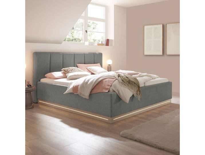 set one Polsterbett Franklin Kopfteil mit senkrechten Einzügen 200x200 cm Dunkelgrau modern, Mit Beleuchtung