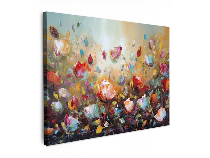 MuchoWow Leinwandbild - Blumen - Kunst - Natur - Ölgemälde - 80x60 - Malerei, Mehrfarbig, Textil, Kiefer, Abstrakt, Rechteckig, 80x60 cm, gerahmt, Bilder & Rahmen, Bilder, Wandbilder