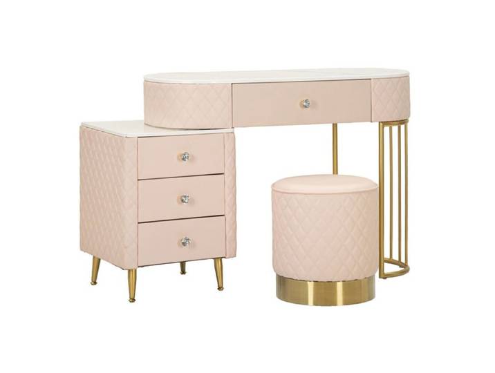Coiffeuse Sharon rose et or avec pouf 120 cm — ensemble 2 pièces - Réf. VK8681847407805
