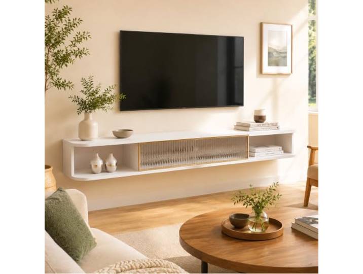 JS Ellie Schwebendes TV Board mit Klapptür, Wandmontierter TV Schrank Modernes TV Lowboard mit Stauraum, Kabelöffnung, Spielkonsolen-Aufbewahrung(White,120cm/47.24in)