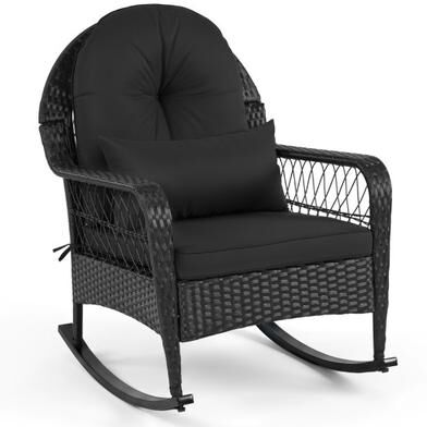 Costway Outdoor Wicker Rocking Chair with Anti-Tip Stoppers and Thick Cushions for Porch-Black