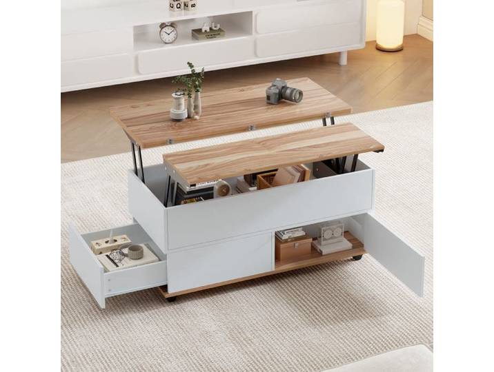 Table basse relevable - MODERNLUXE - 100x98x65 cm - Avec roulettes - 1 tiroir - 1 porte - Blanc + Naturel