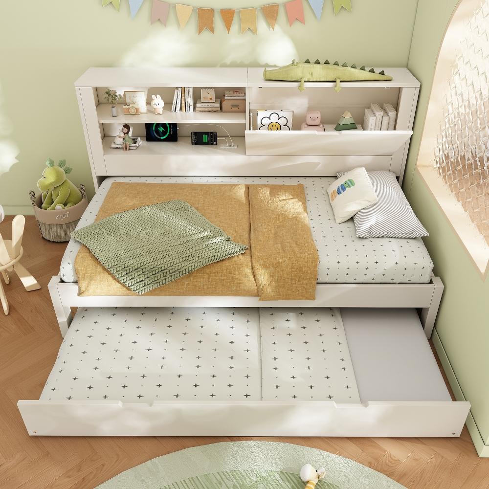Schlafsofa 90x190cm mit Ausziehbett 90x190cm, weißes Bettgestell mit Stauraum-Rückwand, offenem Fach, Klapp-Stauraum, USB und USB-C