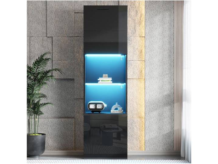 WOVREO Vitrine noire brillante 45 x 35 x 160 cm avec LED 1 étagère en verre trempé