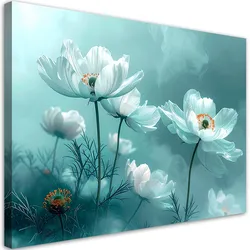 WANDBILD, Türkisfarbene Blumen in einer zarten Aquarellkomposition