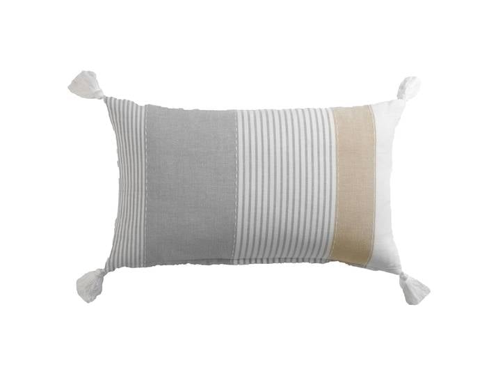 Deko-Kissen aus Baumwolle, Kissen mit Bommel und Streifen, beige, braun, grau, 30 x 50 cm