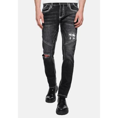 Straight-Jeans RUSTY NEAL "NISHO", Herren, Gr. 32, Länge 32, schwarz, 98% Baumwolle, 2% Elasthan, unifarben, Jeans Straight-Jeans, mit trendigen Used-Details