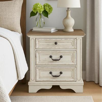 Benjara Farah 27 Inch Nightstand   3 Drawers with Charging   Cottage Distressed White, Dark Bronze