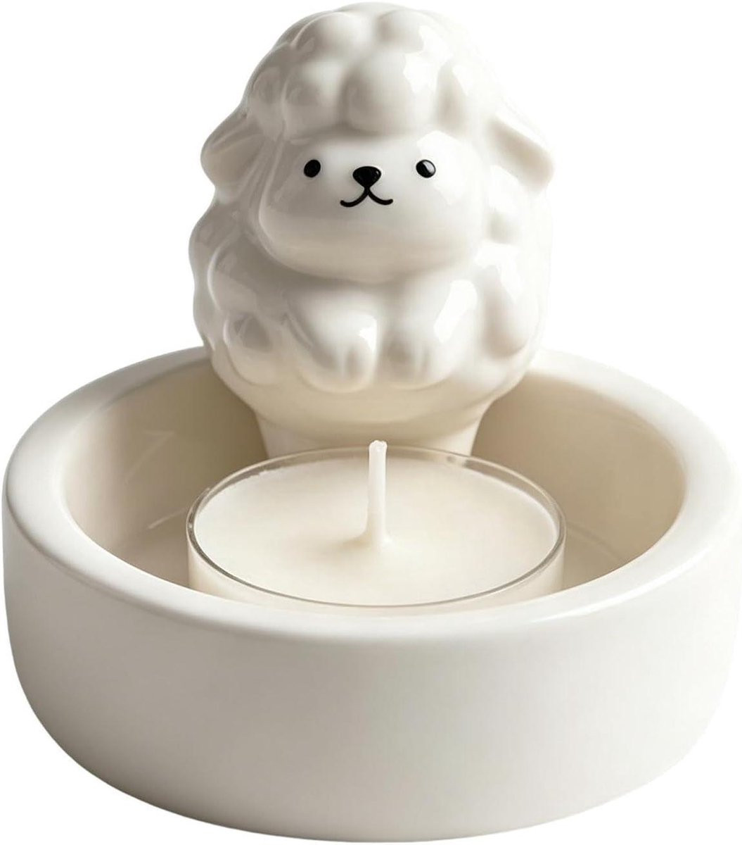 Wit Waxinelicht Houder met Schaap Cartoon Ontwerp - 7,2 cm
