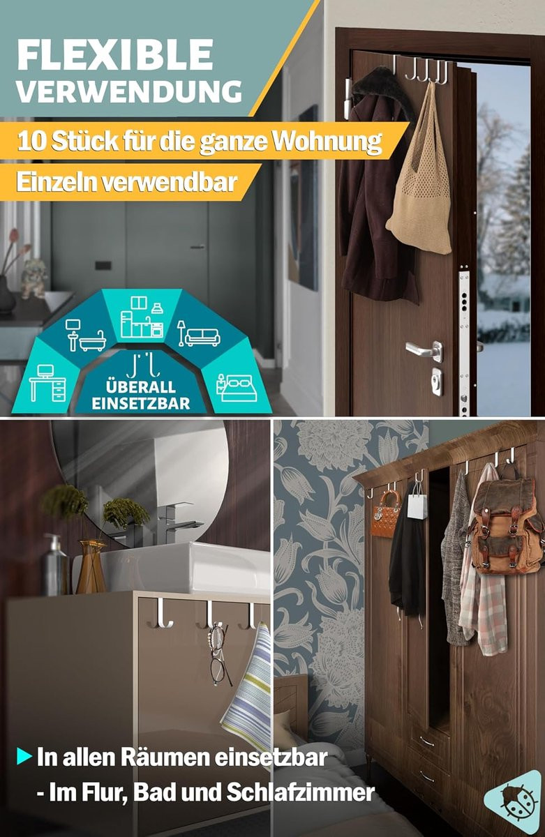 Set van 10 witte roestvrij stalen J-vormige deurhaken voor kleding en accessoires