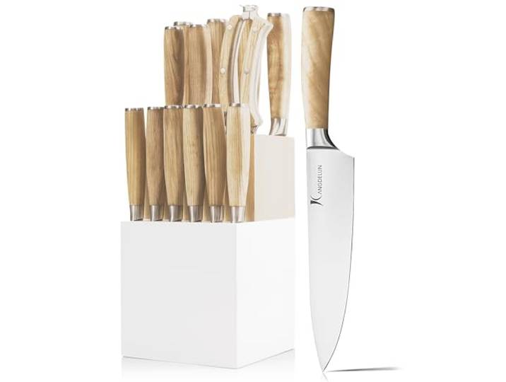 Messerblock Set 14-teilig mit Küchenmessern, 50Cr15MoV Edelstahl, thermobehandelte Eschenholzgriffe, platzsparender weißer Holz-Messerblock, 6 Steakmesser & Küchenschere, KANGDELUN