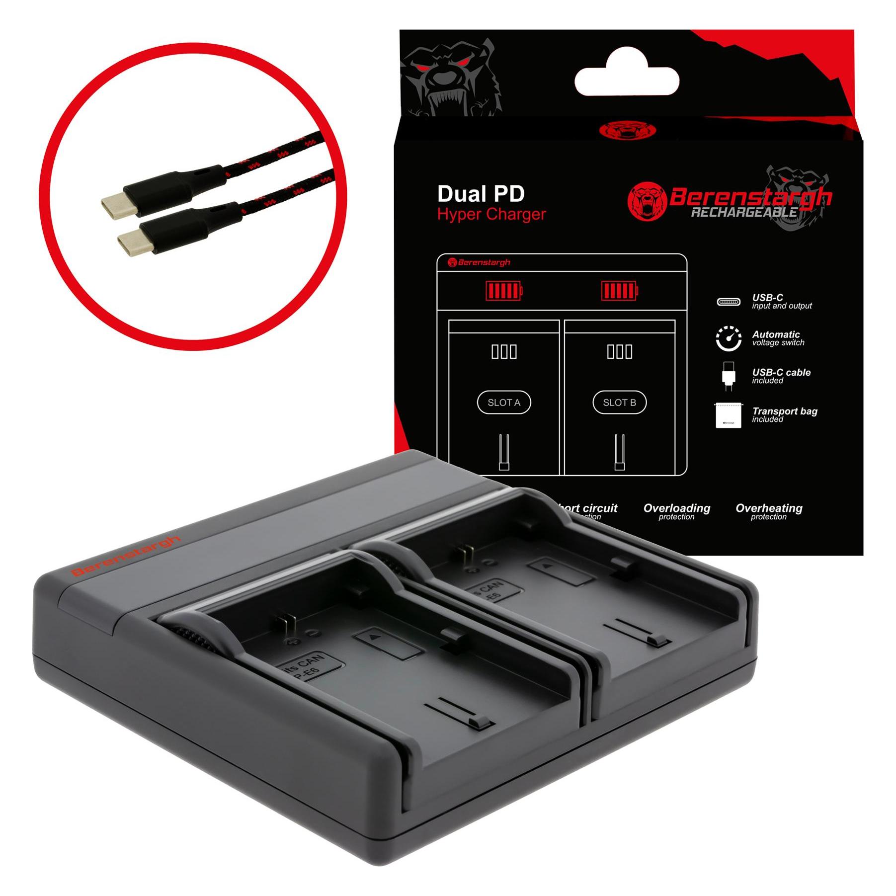 Berenstargh Dual PD Hyper Ladegerät f. Canon LP-E6 USB-C in/out Powerbankfunktion (Kamera Akku Ladegerät) (61064114)