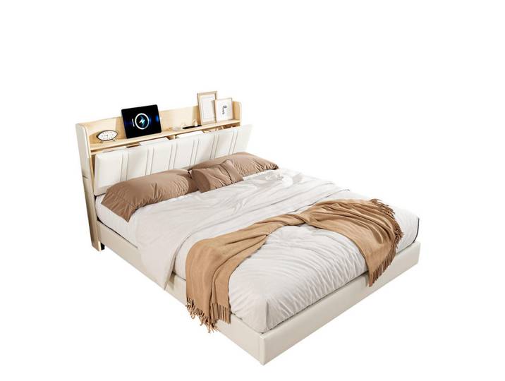 Shopentra Schwebendbett 140x190 WEIß PU Holz LED Seitentasche, Weiß, 140x200 cm, Schlafzimmer, Betten, Polsterbetten