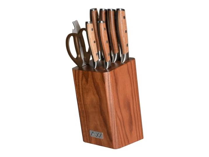 Rockingham Forge Ashwood 8-teiliges Küchenmesser-Set aus Holz mit Schleifgerät und Schere – Professionelle, ultrascharfe Klingen aus deutschem Edelstahl – Langlebiger Vollerl-Griff aus Naturholz