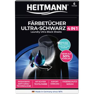 Heitmann Textilfarbe 2in1 Färbetücher, Ultra-Schwarz, für Waschmaschine, 6 Tücher