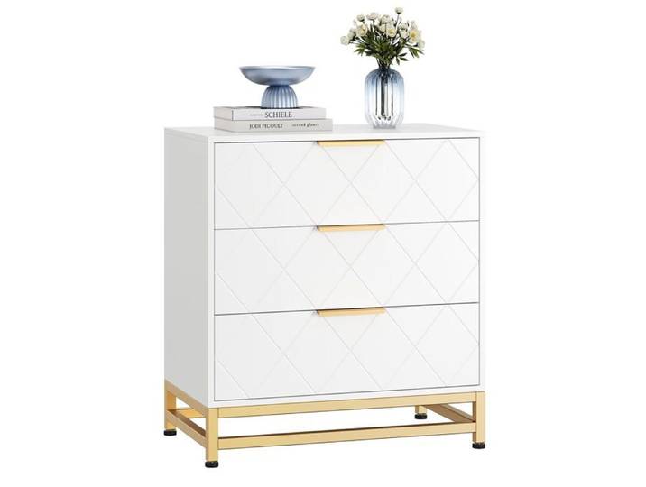 Commode moderne - LUNSY - Blanc - Poignées dorées - Détails en relief - 3 tiroirs spacieux - Glissières fluides