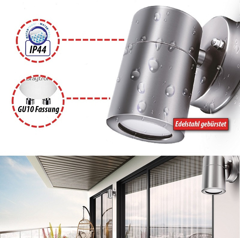Braytron LED wandlamp RITA WL.1, roestvrij staal, GU10, IP44 buitenlamp