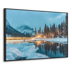 LEINWAND Bilder mit Rahmen - Winterlandschaft - Natur - Haus - Berge - Schnee - 140x90