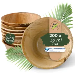 BIOZOYG 200 Stück Dipschälchen 30ml rund Einwegschälchen Palmblattschälchen Snackschälchen, kompostierbar, ideal für Fingerfood und Snacks