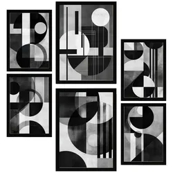 POSTER Set Mit 6 Bauhaus Weiß Schwarz Grau Gerahmtes A3 & A4 Schwarzer Rahmen