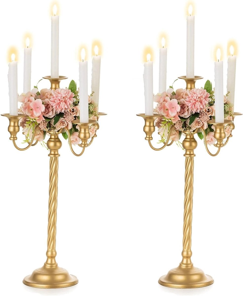 Elegante Gouden Kandelaar 53cm - Vintage Staande Kaarsenhouder voor 5 Taperkaarsen