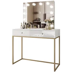 SCHMINKTISCH BLANCO GOLD ELITE mit Spiegel und Beleuchtung Weiß Hochglanz Kristallgriff