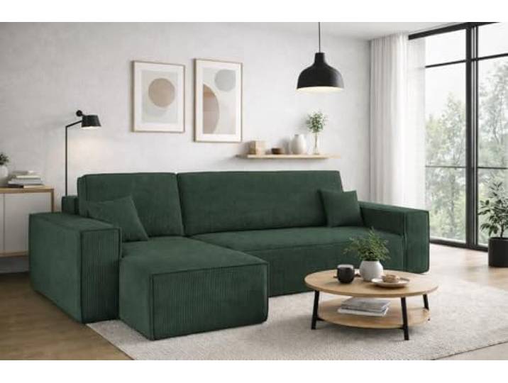Kaiser Möbel, Ecksofa mit schlaffunktion, mit Bettkasten, Schlafsofa Best, Designer Sofa, Modern Design Couch, Polsterecke, Freistehend, Dicker Cord, Grün Links