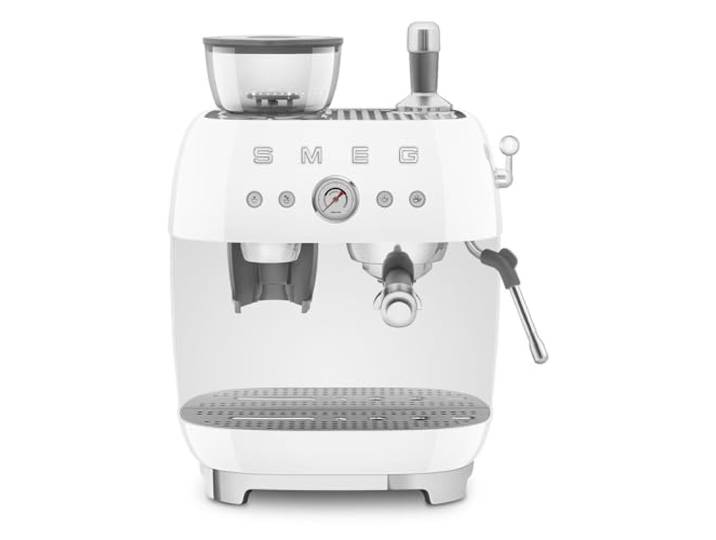 Smeg, EGF03WHEU, manuelle Espressomaschine, mit integrierter Kaffeemühle, Thermoblock, 4 Temperaturstufen, Dampfdüse und Druckmesser, 1-l-Tank, kompakte Größe, 1350 W, Weiß