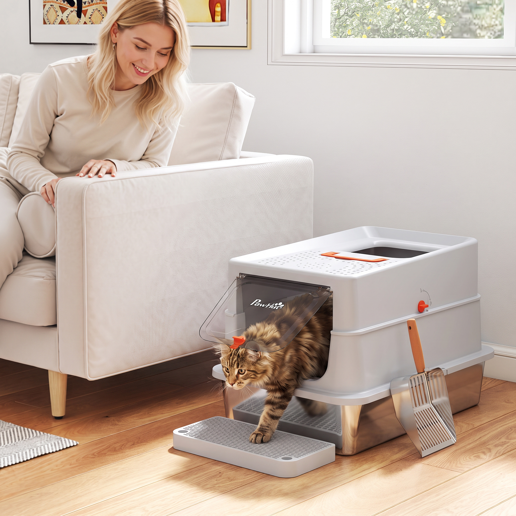 Pawhut Lettiera per Gatti in Acciaio Inox, Chiusa Antiodore, XXL, Grigio Chiaro   Aosom Italy
