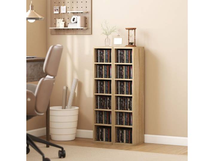 Lot de 2 étagères colonnes armoire de rangement CD-DVD 12 compartiments 21 x 22 5 x 88 5 cm capacité 204 CD chêne