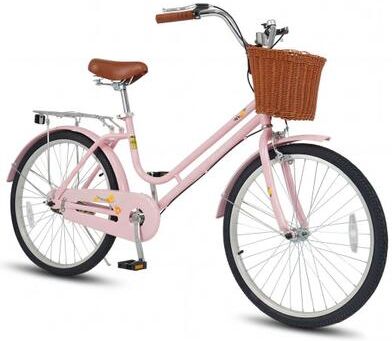 Costway 24-Inch Beach Cruiser Bike for Women with Woven Basket and Rear Rack - Pink