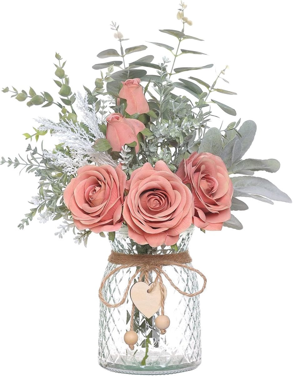 Rozen in vaas met imitatie-eucalyptus - Kunstbloemen voor decoratie