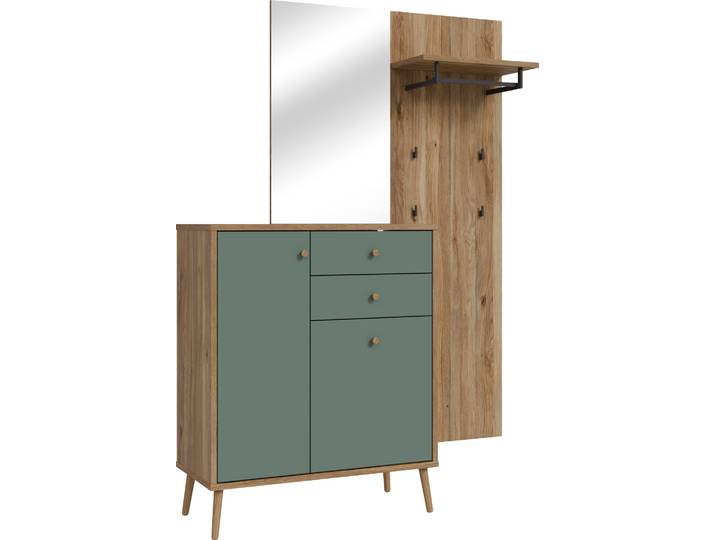 Garderoben-Set FORTE Whenua , grün (mauvella eiche, salbei), B:143,5cm H:195,8cm T:41,5cm, Holzwerkstoff, Kastenmöbel-Sets, Garderoben-Set