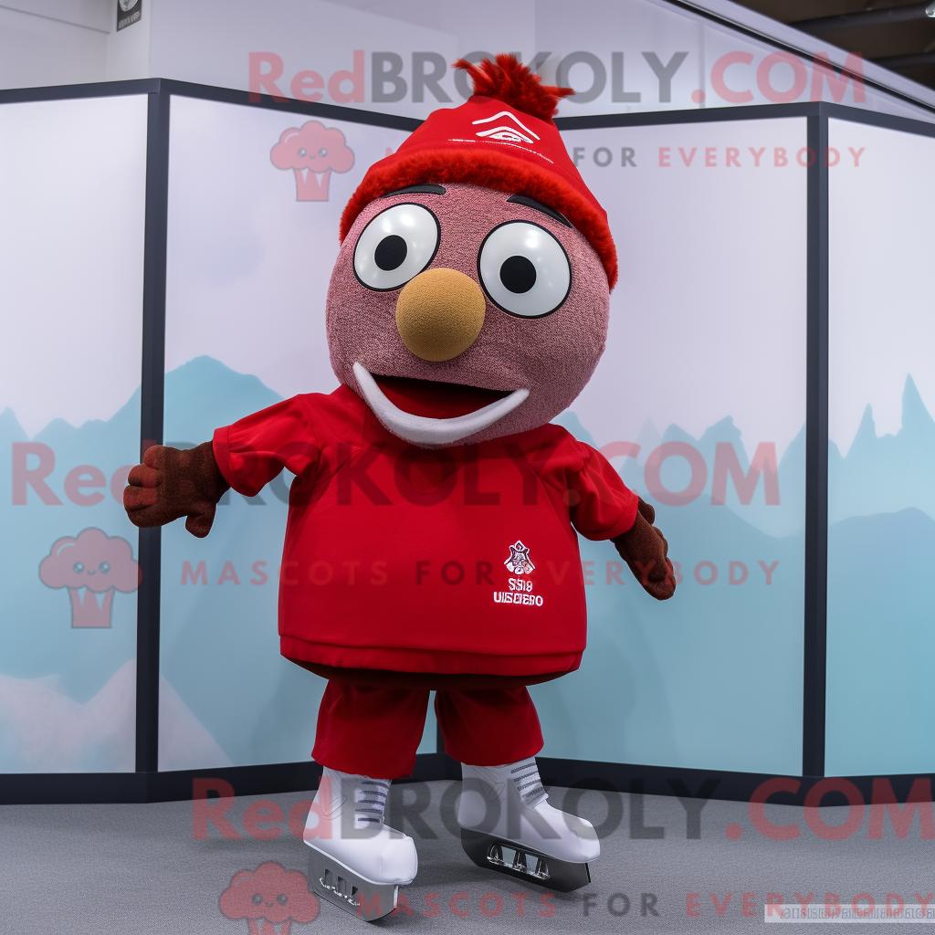 Maskottchen REDBROKOLY eines roten Paar Schlittschuhe bekleidet mit Chinos und Schalkragen