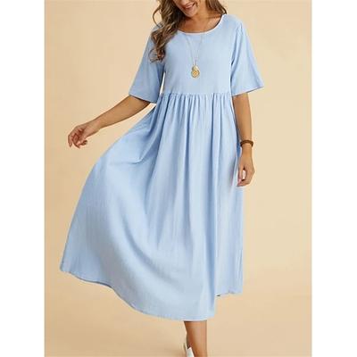 Damen Midikleid lässig Kurzarm Rundhals einfarbig Empire Taille Sommerkleidung bequem ausgestellter Rock Mode Kleidung Bekleidung