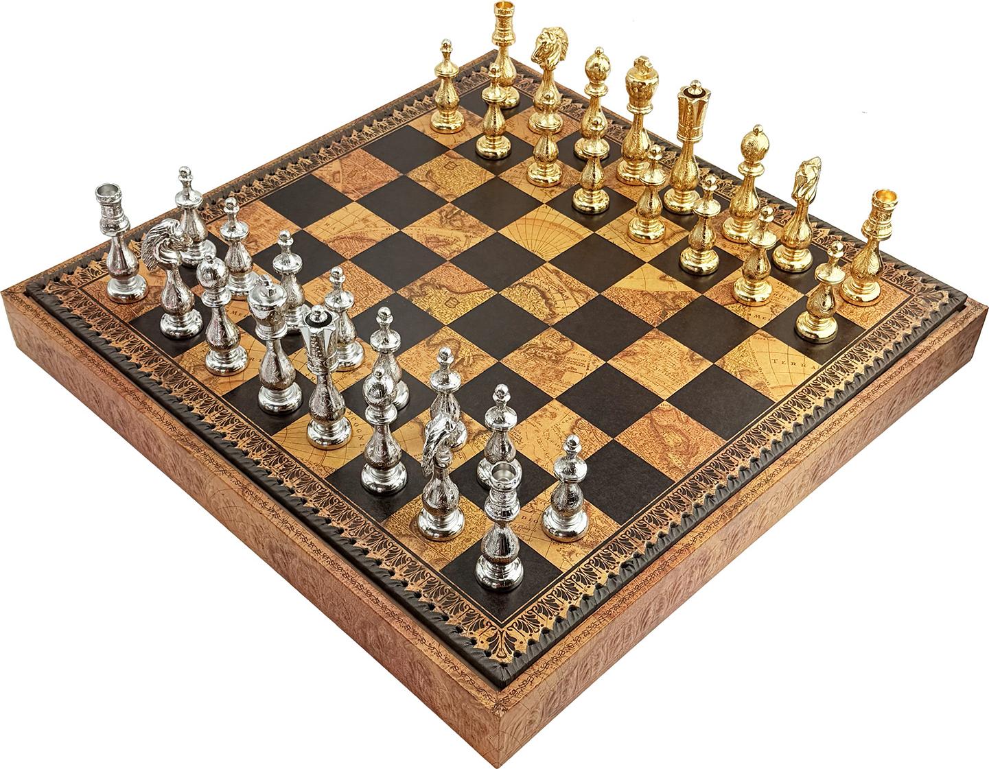 Italienisches Schachset Arabesque Gold/Silber + Schachbrett Weltkarte 48