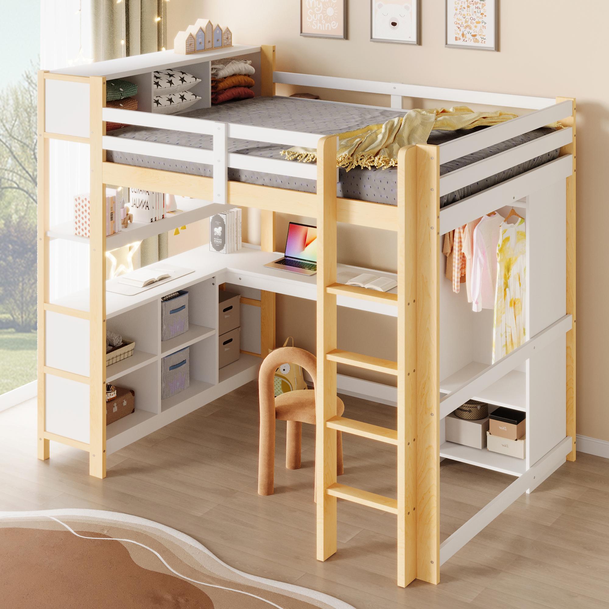 Flieks Etagenbett 140x200cm mit Schreibtisch und Regal, Kinderbett Hochbett mit Kleiderschrank, Doppelbett Stockbett, Naturbelassen
