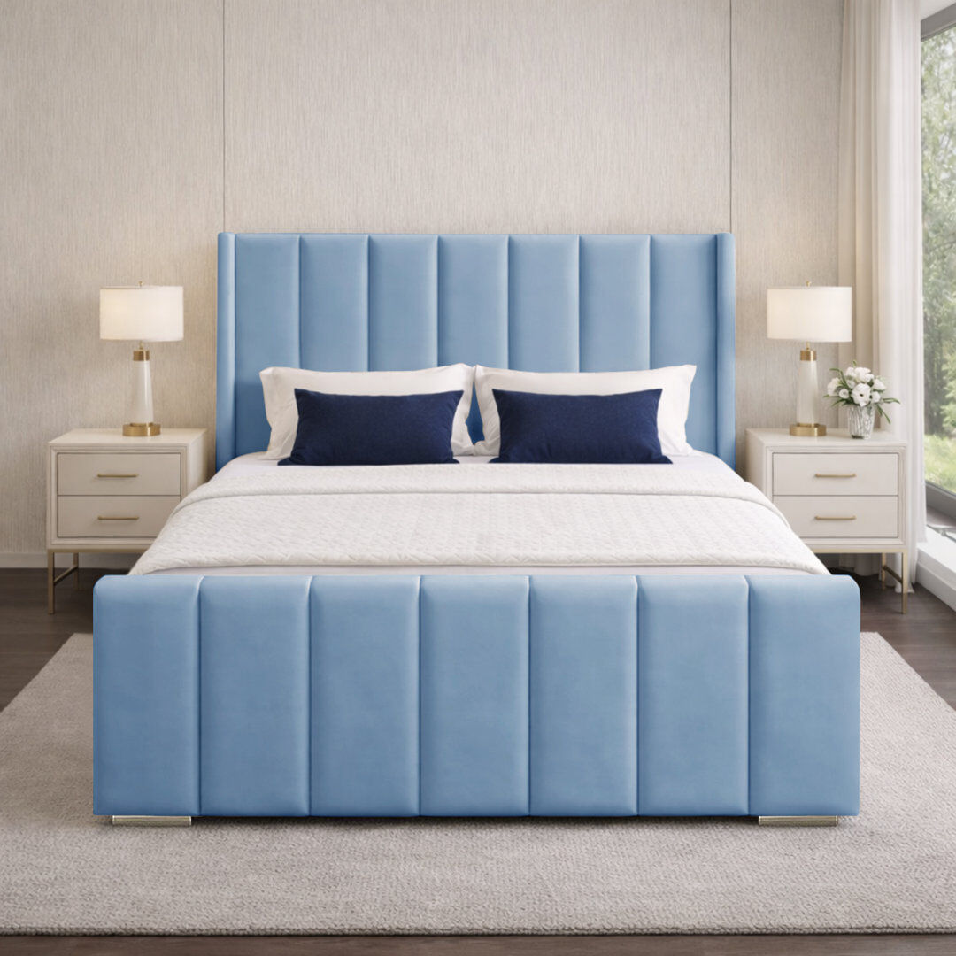 Canora Grey Premium Luxury Wingback Panel Bed Frame Sky Blue Double (4'6)